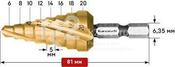 Ступенчатое сверло Ø 6-20 мм, HSS-XE с покрытием TiN-GOLD, ударный хвостовик, двухзаходное, Karnasch, арт. 21.3041
