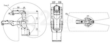 Диапазон движения по осям промышленного робота-манипулятора CRP RA07A-08