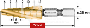 Ступенчатое сверло Ø 6-12 мм, HSS-XE с покрытием TiN-GOLD, ударный хвостовик, двухзаходное, Karnasch, арт. 21.3040