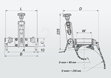 Схема, с габаритами, приспособления для крепления на трубах Promotech DMP 0250 (ПКТ-250)
